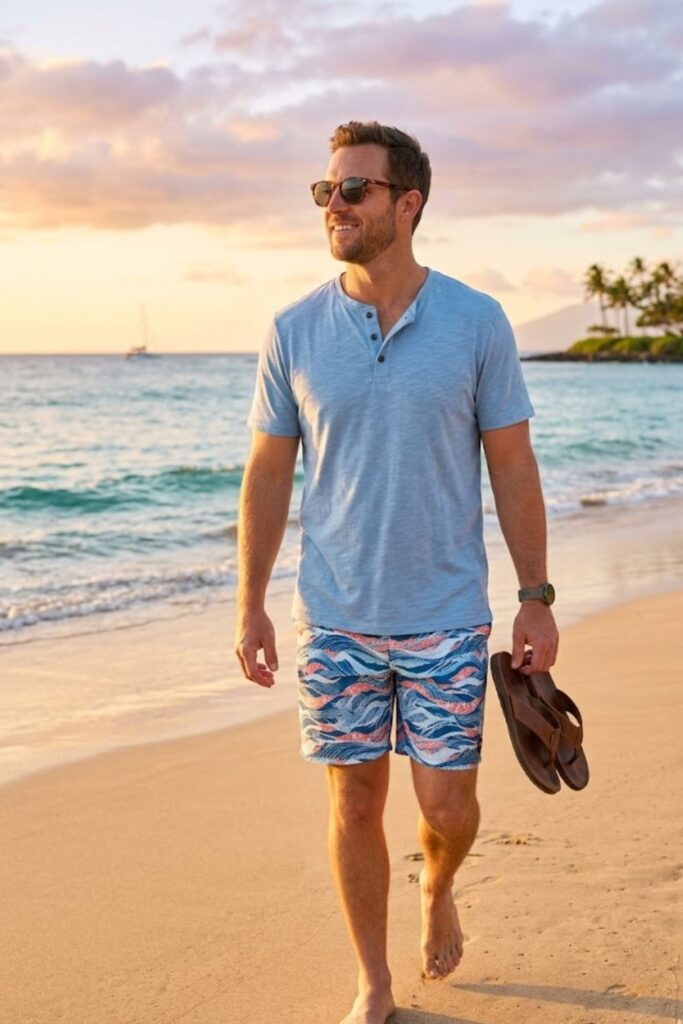 4. Henley Shirt with Board Shorts