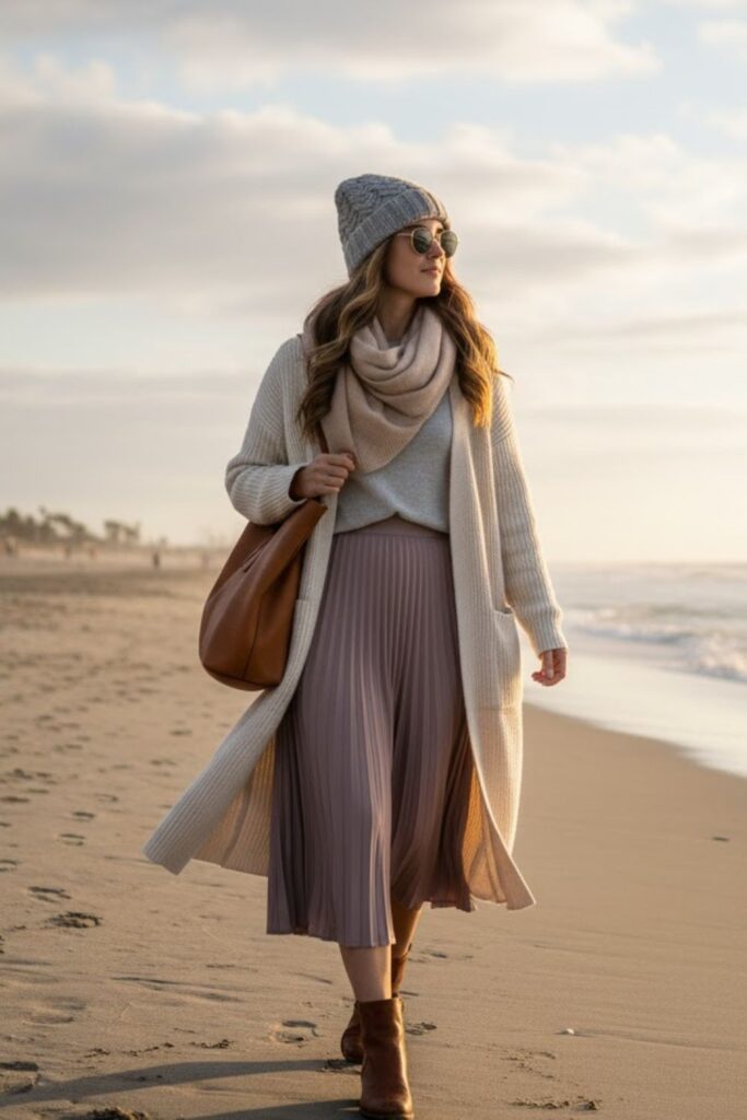 4. Long Cardigan with Midi Skirt