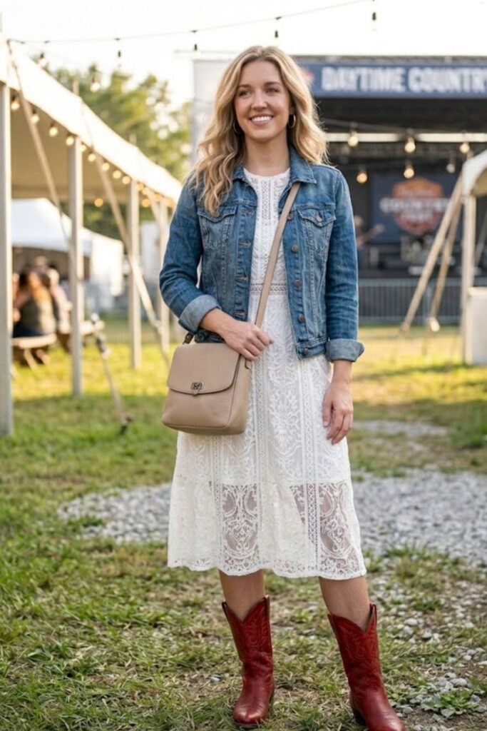 4. Red Boots with a White Lace Dress