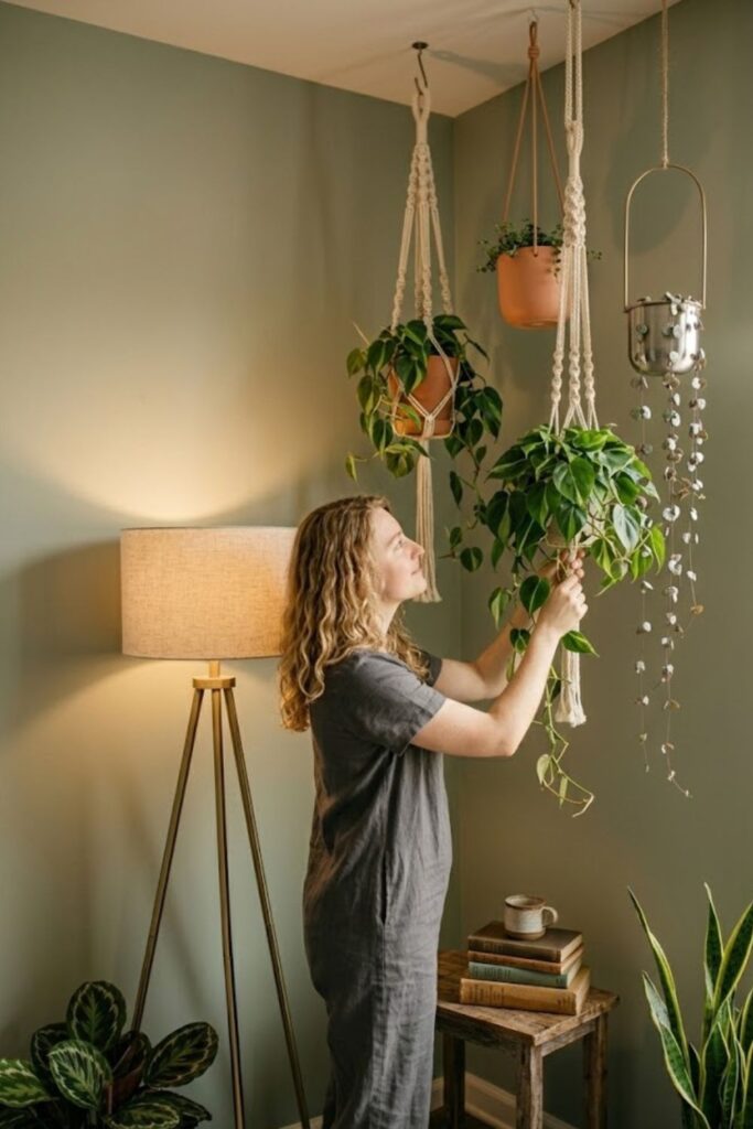 5. Corner Hanging Plants for Vertical Interest