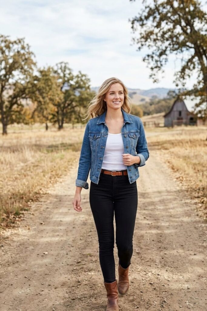 5. Denim Jacket and Black High-Waisted Jeans