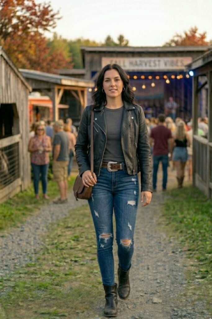 5. Leather Jacket and Ripped Jeans Look