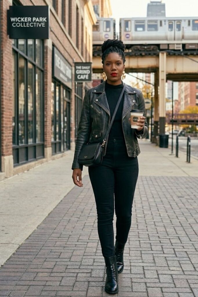 5. Leather Jacket with Black Skinny Jeans