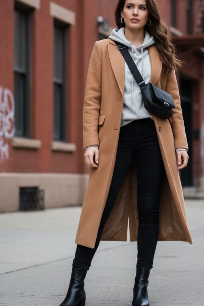 5. Longline Coat with Hoodie and Jeans