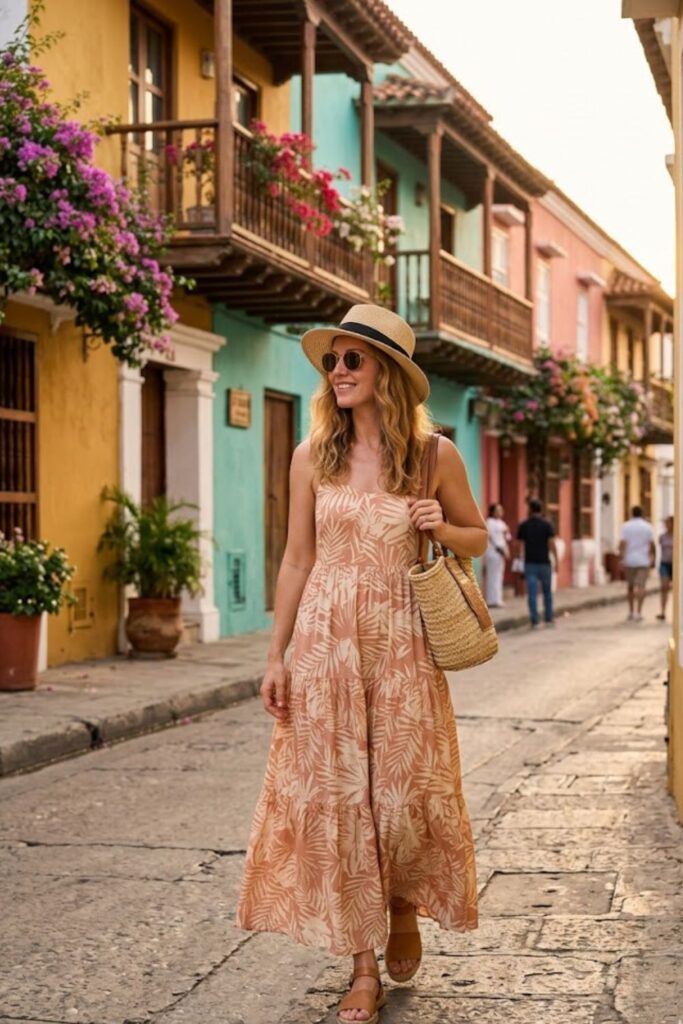 5. Maxi Dress with Straw Hat