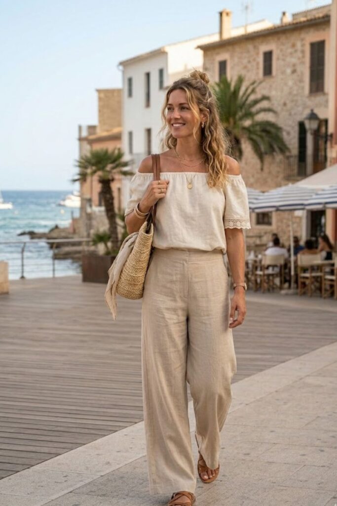 5. Off-Shoulder Top with Wide-Leg Pants