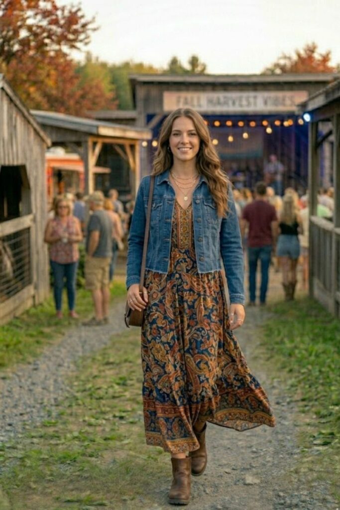 6. Boho Maxi Dress with Denim Jacket