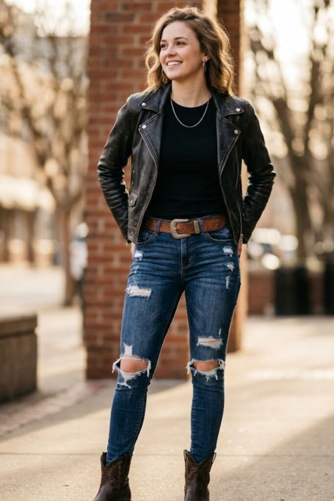 6. Leather Jacket and Ripped Jeans Outfit