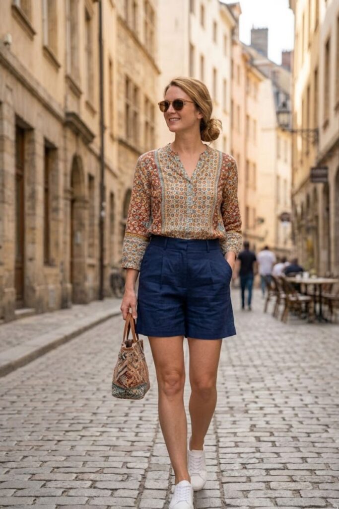 6. Lightweight Blouse with Tailored Shorts
