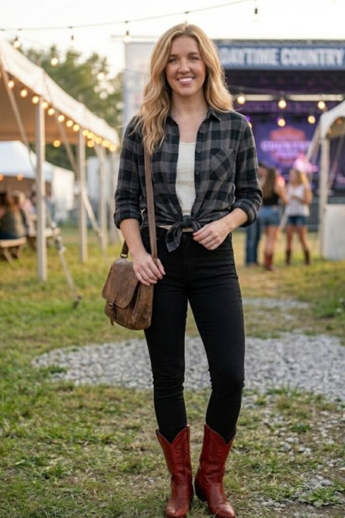 6. Red Boots with Black Denim and a Plaid Shirt