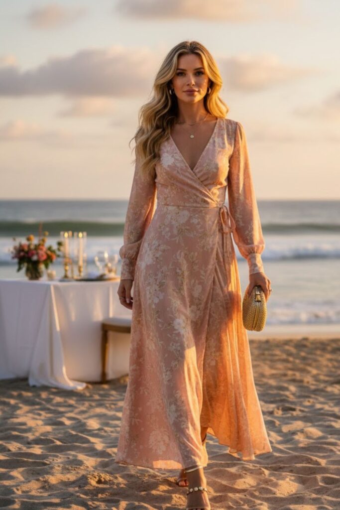 6. Wrap Maxi Dress with Metallic Sandals