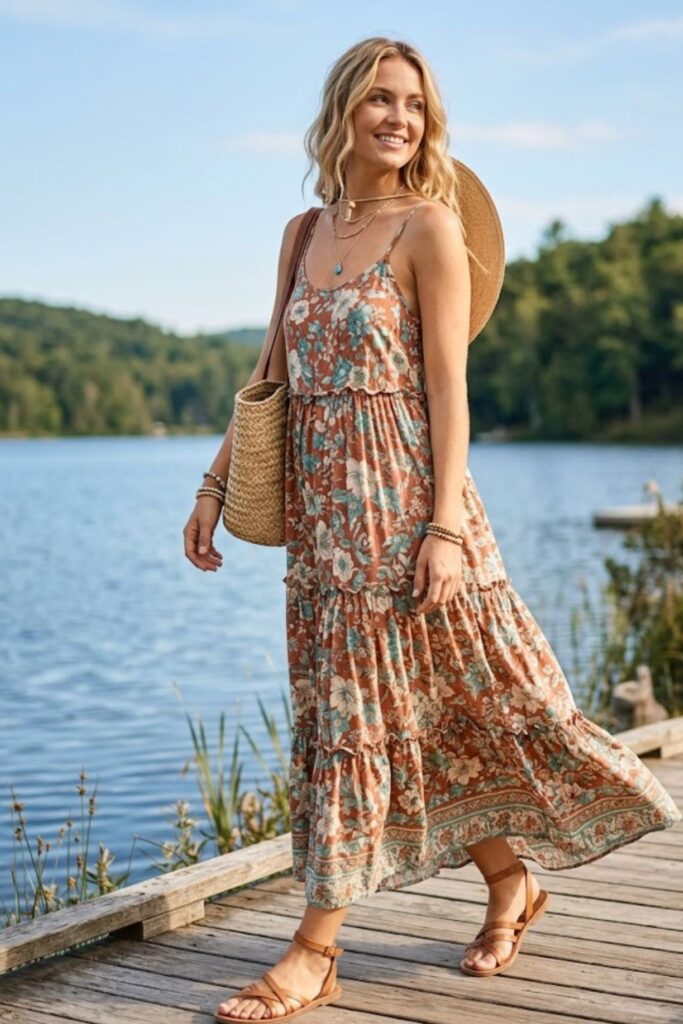 7. Boho Maxi Dress with Sandals