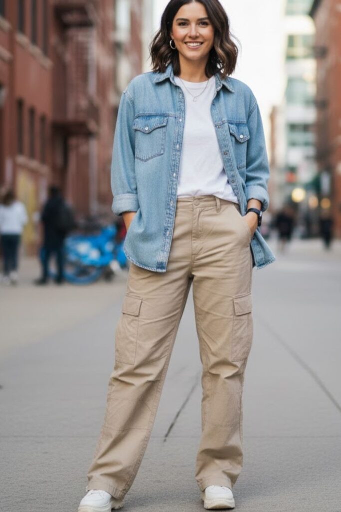7. Denim Shirt with Cargo Pants