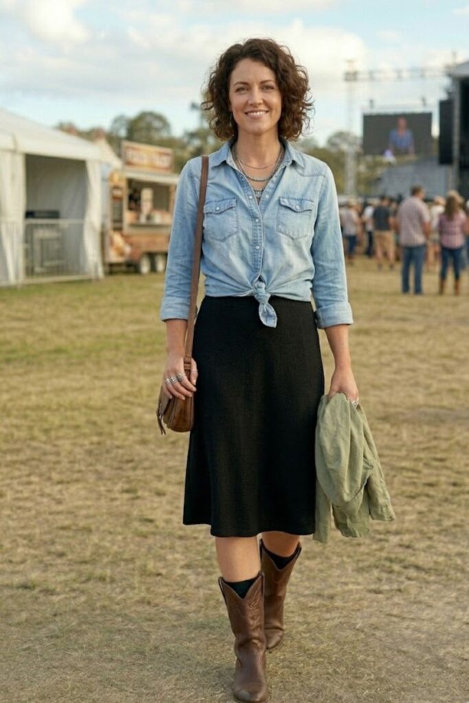 7. Knotted Button-Down Shirt with Skirt