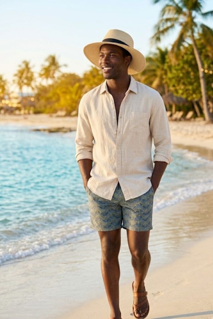 7. Long-Sleeve Linen Shirt with Swim Trunks