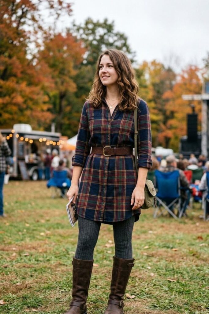 7. Plaid Shirt Dress and Knee-High Boots