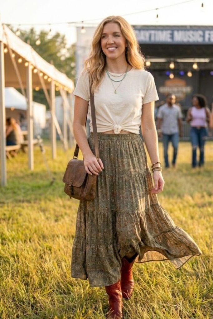 7. Red Boots with a Maxi Skirt and Crop Top