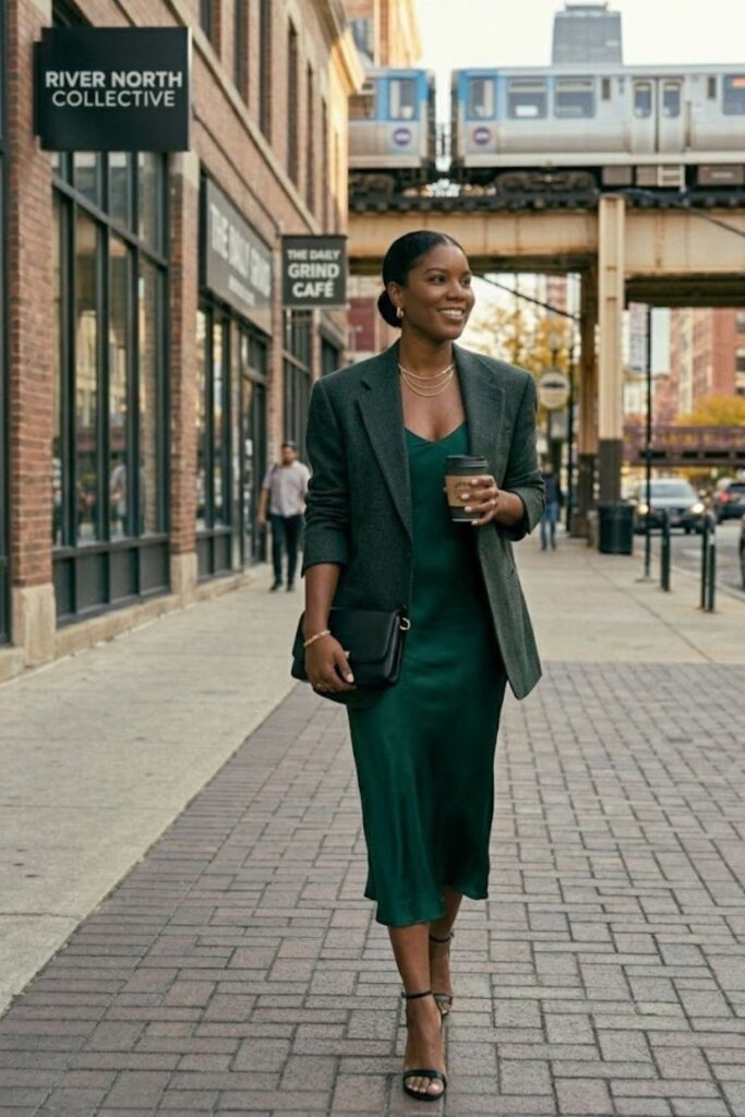 7. Satin Slip Dress with Oversized Blazer