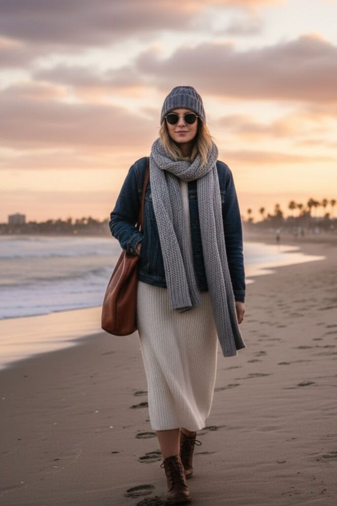 8. Denim Jacket Over Knit Dress