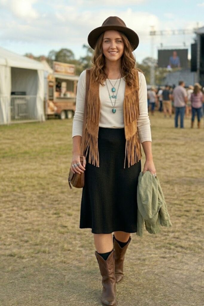 8. Fringe Vest Over Long-Sleeve Top