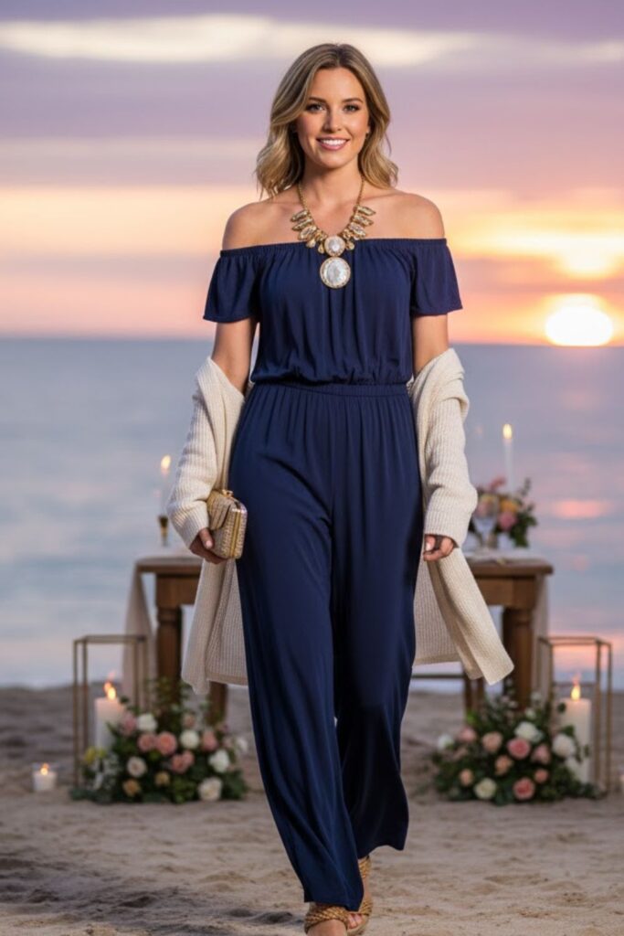 8. Off-Shoulder Jumpsuit with Statement Necklace