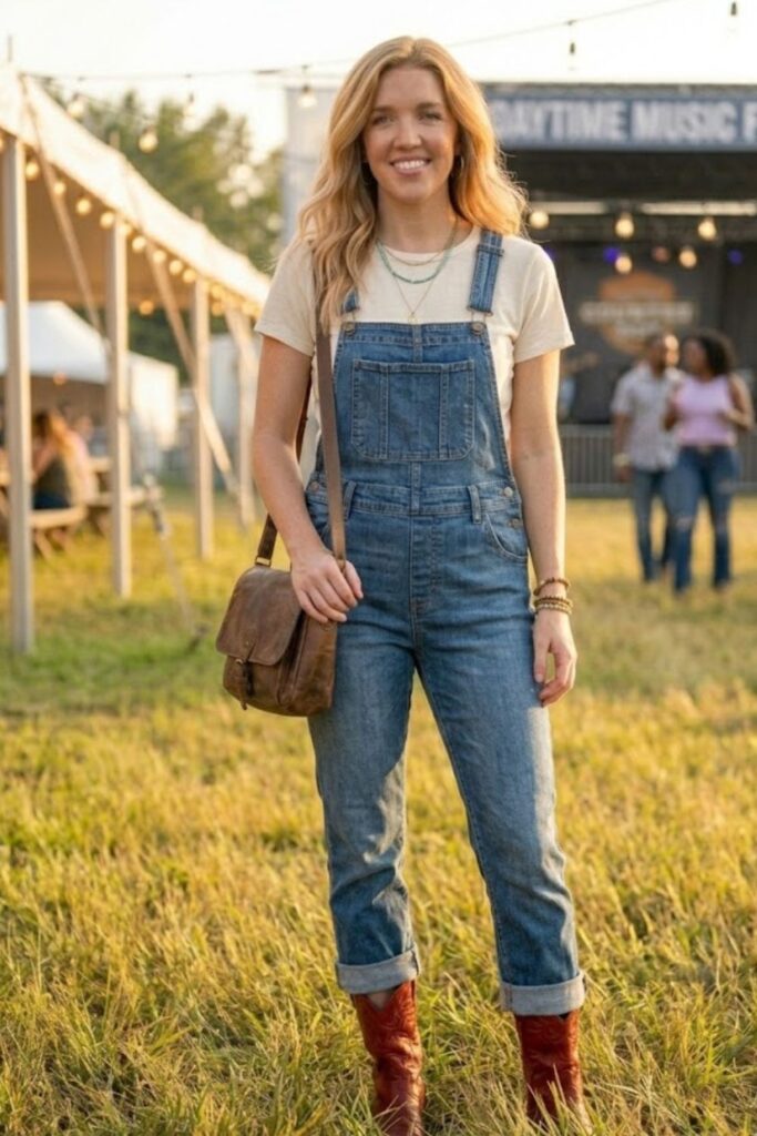 8. Red Boots with Overalls