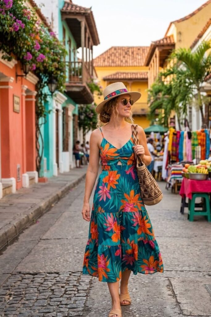 8. Tropical Print Dress with Sandals