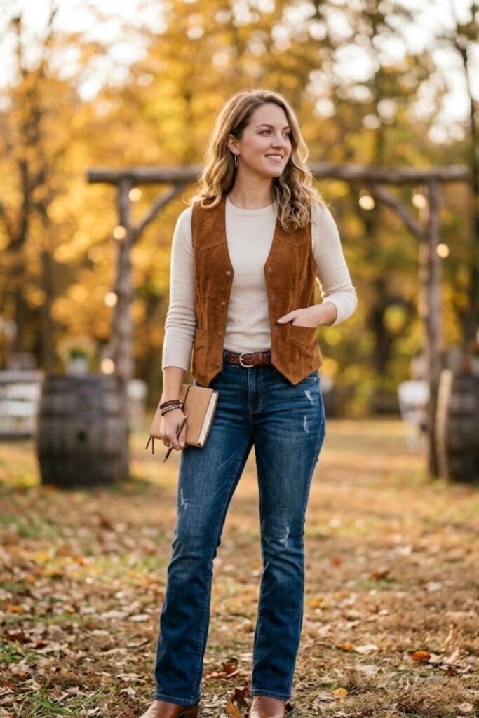 8. Western Vest Over Long-Sleeve Top
