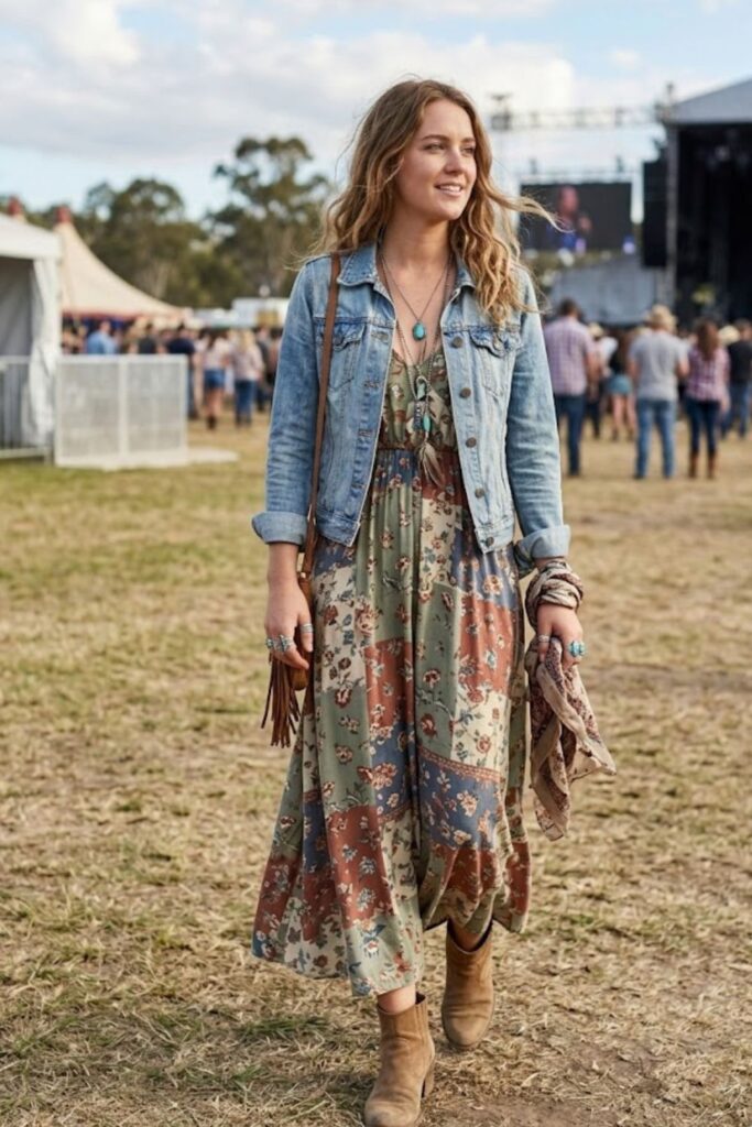 9. Boho Maxi Dress with Western Touches