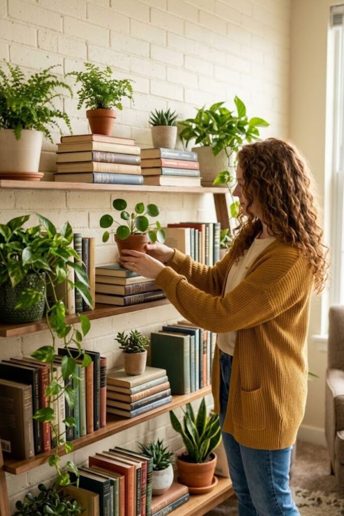 9. Combine Books and Plants for Balance