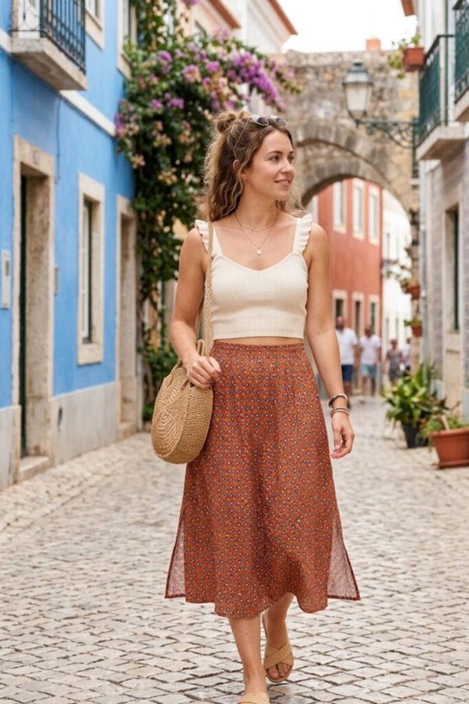 9. Crop Top with High-Waisted Skirt