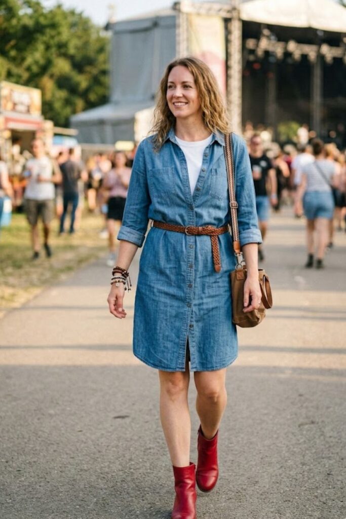 9. Red Boots with a Button-Down Shirt Dress