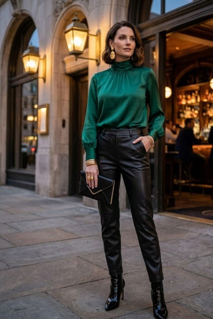 9. Satin Blouse with Leather Pants