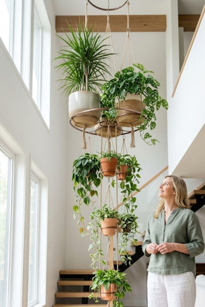 9. Tiered Hanging Plant Display for High Ceilings