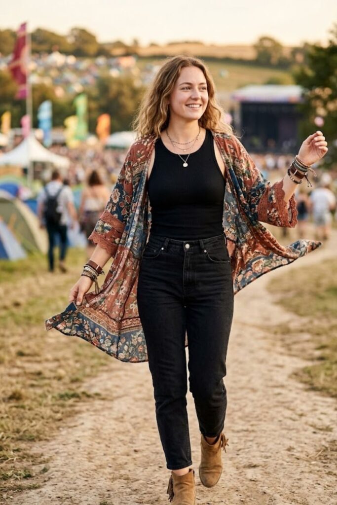 6. Boho Kimono and Black Jeans